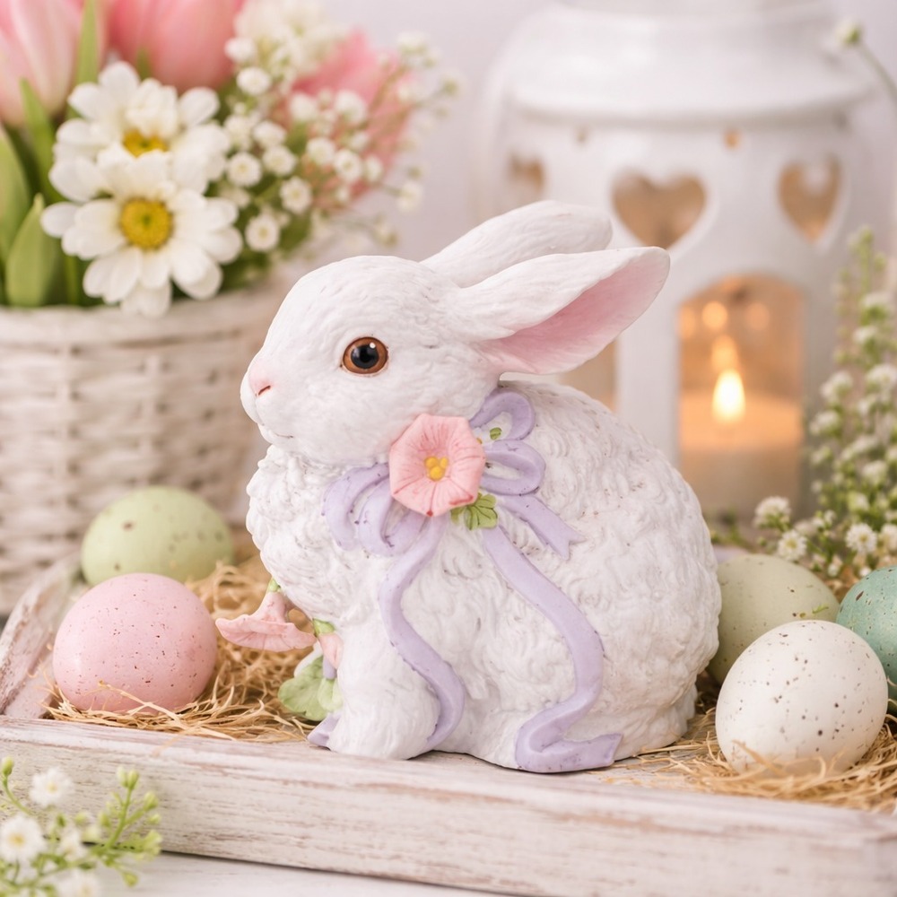 VTG Easter Bunny Music Box Enesco Rabbit Figurine Spring Decor Cottagecore Works - Picture 2 of 16